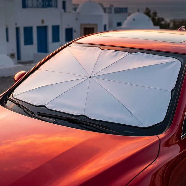 Pare-soleil parapluie déployé derrière le pare-brise d'une voiture en plein soleil